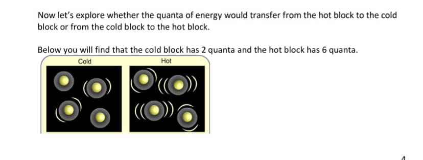 Now let's explore whether the quanta of energy would transfer from the hot block to the cold
block or from the cold block to the hot block.
Below you will find that the cold block has 2 quanta and the hot block has 6 quanta.
Cold
Hot
