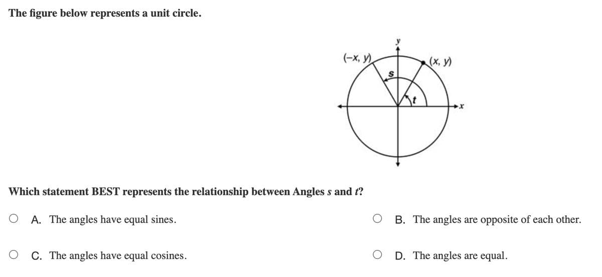The figure below represents a unit circle.
(-x, y)
(x, y)
Which statement BEST represents the relationship between Angles s and t?
O A. The angles have equal sines.
B. The angles are opposite of each other.
O C. The angles have equal cosines.
D. The angles are equal.
