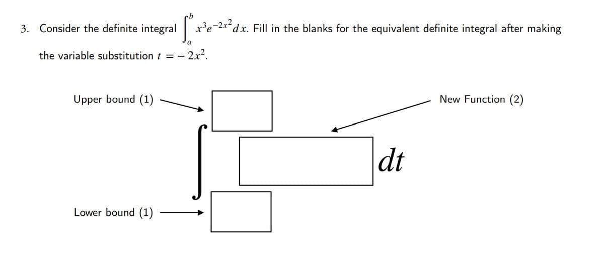 3. Consider the definite integral
x³e-2xdx. Fill in the blanks for the equivalent definite integral after making
the variable substitution t = – 2x².
Upper bound (1)
New Function (2)
dt
Lower bound (1)
