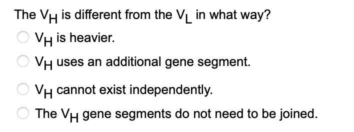 The VH is different from the V₁ in what way?
VH is heavier.
VH uses an additional gene segment.
VH cannot exist independently.
The VH gene segments do not need to be joined.