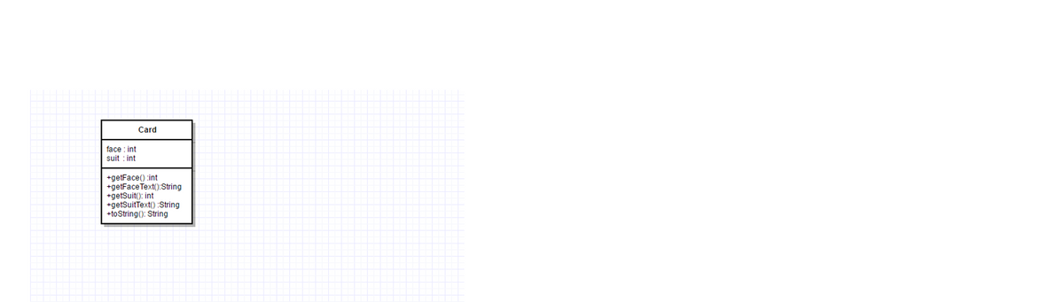 Card
face : int
suit : int
+getFace() :int
+getFace Text():String
+getSuit(): int
+getSuitText() :String
+toString(): String
