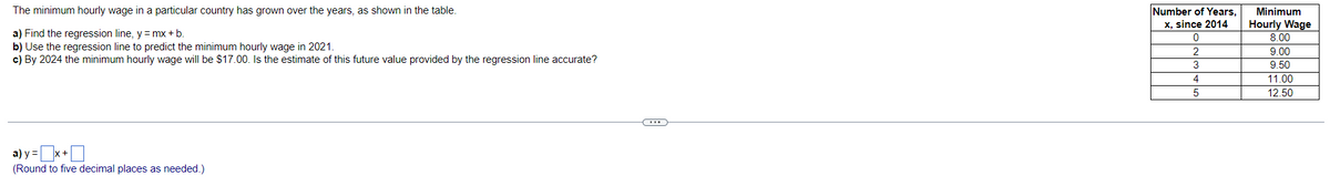 The minimum hourly wage in a particular country has grown over the years, as shown in the table.
Number of Years,
X, since 2014
Minimum
Hourly Wage
a) Find the regression line, y= mx + b.
8.00
b) Use the regression line to predict the minimum hourly wage in 2021.
c) By 2024 the minimum hourly wage will be $17.00. Is the estimate of this future value provided by the regression line accurate?
9.00
3
9.50
4
11.00
12.50
a) y =x+O
(Round to five decimal places as needed.)
