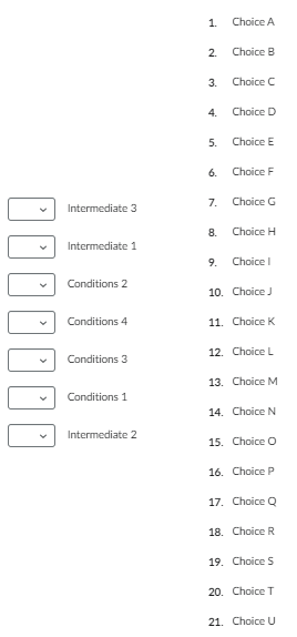 ¡¡¡
¡¡¡
Intermediate 3
Intermediate 1
Conditions 2
Conditions 4
Conditions 3
Conditions 1
Intermediate 2
1.
2.
3.
4.
5.
6.
7.
8.
9.
Choice A
Choice B
Choice C
Choice D
Choice E
Choice F
Choice G
Choice H
Choice I
10. Choice J
11. Choice K
12. Choice L
13. Choice M
14. Choice N
15. Choice O
16. Choice P
17. Choice Q
18. Choice R
19. Choice S
20. Choice T
21. Choice U