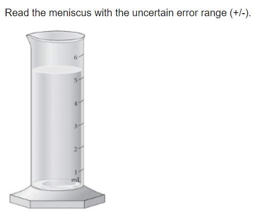 Read the meniscus with the uncertain error range (+/-).
3-
ml
