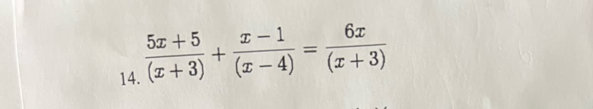 ### Algebraic Equation Example

In this example, we are working with a rational equation that involves polynomials in the numerator and the denominator. The equation is given as:

\[ \frac{5x + 5}{(x + 3)} + \frac{x - 1}{(x - 4)} = \frac{6x}{(x + 3)} \]

This equation can be broken down as follows:

1. **First Term**: \[ \frac{5x + 5}{(x + 3)} \]
2. **Second Term**: \[ \frac{x - 1}{(x - 4)} \]
3. **Right-Hand Side**: \[ \frac{6x}{(x + 3)} \]

### Solving the Equation

To solve this equation, one common method is to find a common denominator and then equate the numerators, simplifying as necessary. Here are the steps involved:

1. **Identify the common denominator**, which in this case would be \((x + 3)(x - 4)\).
2. **Rewrite each term with the common denominator**.
3. **Combine the terms** on the left-hand side of the equation.
4. **Equate the numerators** on both sides of the equation.
5. **Solve the resulting polynomial equation**.

This process involves several algebraic manipulation techniques, including polynomial multiplication, combining like terms, and factoring.

This example is intended to highlight the method for solving rational equations with polynomial expressions. Working through examples like this can help solidify understanding of these algebraic concepts.