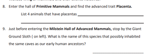 8. Enter the hall of Primitive Mammals and find the advanced trait Placenta.
List 4 animals that have placentas,
9. Just before entering the Milstein Hall of Advanced Mammals, stop by the Giant
Ground Sloth (on left). What is the name of this species that possibly inhabited
the same caves as our early human ancestors?