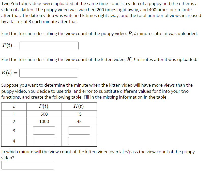 Two YouTube videos were uploaded at the same time - one is a video of a puppy and the other is a
video of a kitten. The puppy video was watched 200 times right away, and 400 times per minute
after that. The kitten video was watched 5 times right away, and the total number of views increased
by a factor of 3 each minute after that.
Find the function describing the view count of the puppy video, P, t minutes after it was uploaded.
P(t) :
Find the function describing the view count of the kitten video, K, t minutes after it was uploaded.
K(t)
Suppose you want to determine the minute when the kitten video will have more views than the
puppy video. You decide to use trial and error to substitute different values for t into your two
functions, and create the following table. Fill in the missing information in the table.
t
P(t)
K(t)
1
600
15
1000
45
3
4
In which minute will the view count of the kitten video overtake/pass the view count of the puppy
video?
2.
