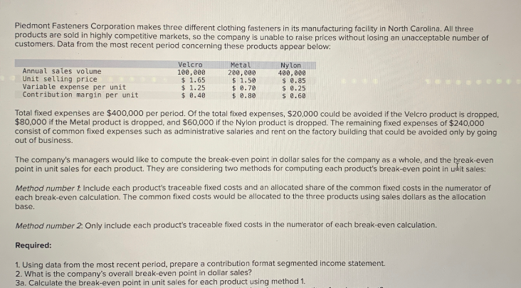 Piedmont Fasteners Corporation makes three different clothing fasteners in its manufacturing facility in North Carolina. All three
products are sold in highly competitive markets, so the company is unable to raise prices without losing an unacceptable number of
customers. Data from the most recent period concerning these products appear below:
Annual sales volume
Unit selling price
Variable expense per unit
Contribution margin per unit
Velcro
100,000
Metal
200,000
Nylon
400,000
$ 1.65
$ 1.50
$ 1.25
$ 0.70
$ 0.40
$ 0.80
$ 0.85
$ 0.25
$ 0.60
Total fixed expenses are $400,000 per period. Of the total fixed expenses, $20,000 could be avoided if the Velcro product is dropped,
$80,000 if the Metal product is dropped, and $60,000 if the Nylon product is dropped. The remaining fixed expenses of $240,000
consist of common fixed expenses such as administrative salaries and rent on the factory building that could be avoided only by going
out of business.
The company's managers would like to compute the break-even point in dollar sales for the company as a whole, and the break-even
point in unit sales for each product. They are considering two methods for computing each product's break-even point in udit sales:
Method number 1. Include each product's traceable fixed costs and an allocated share of the common fixed costs in the numerator of
each break-even calculation. The common fixed costs would be allocated to the three products using sales dollars as the allocation
base.
Method number 2. Only include each product's traceable fixed costs in the numerator of each break-even calculation.
Required:
1. Using data from the most recent period, prepare a contribution format segmented income statement.
2. What is the company's overall break-even point in dollar sales?
3a. Calculate the break-even point in unit sales for each product using method 1.