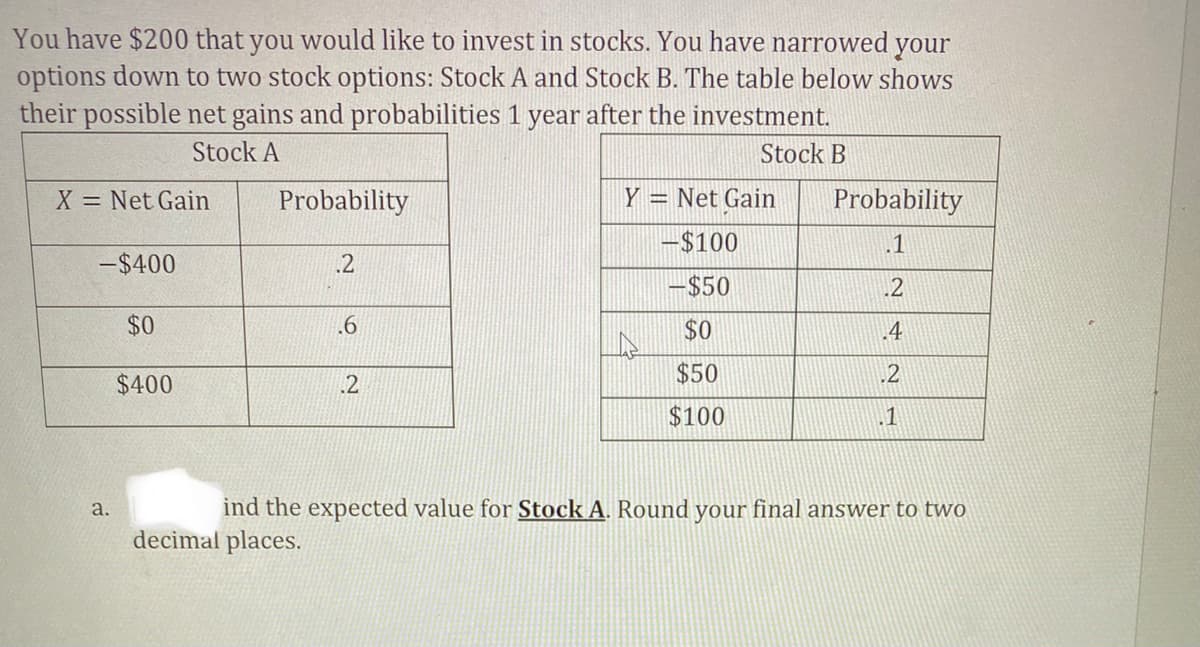 You have $200 that you would like to invest in stocks. You have narrowed your
options down to two stock options: Stock A and Stock B. The table below shows
their possible net gains and probabilities 1 year after the investment.
Stock A
Stock B
X = Net Gain
Probability
Y
= Net Gain
Probability
-$100
.1
-$400
.2
-$50
.2
$0
$0
.4
$400
2
$50
.2
$100
.1
a.
ind the expected value for Stock A. Round your final answer to two
decimal places.
