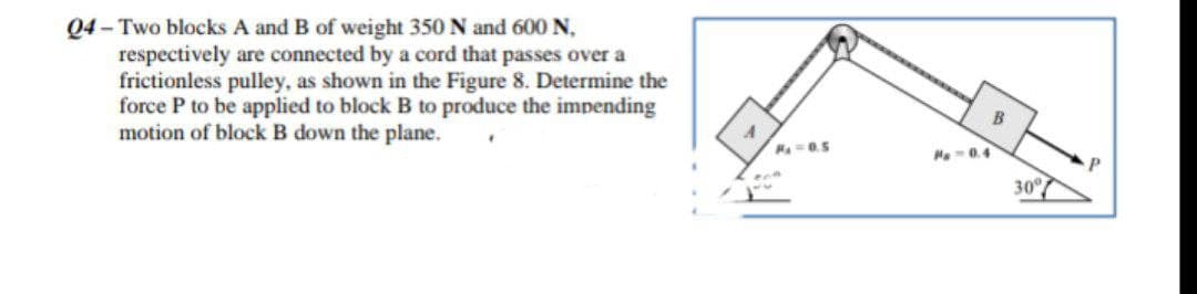 Q4 - Two blocks A and B of weight 350 N and 600 N,
respectively are connected by a cord that passes over a
frictionless pulley, as shown in the Figure 8. Determine the
force P to be applied to block B to produce the impending
motion of block B down the plane.
A
Pa=0.5
"C"
Pa 0.4
B
30°
Р