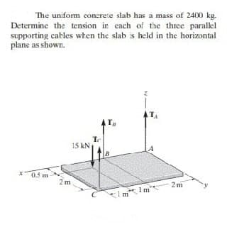 The uniform conerete slab has a mass of 2400 kg.
Determine the tension ir each of the three parallel
supporting catles when the slab is held in the horizontal
plane as shown.
Tr
15 kN
LA
0.5 m
2 m
2m
1 m
