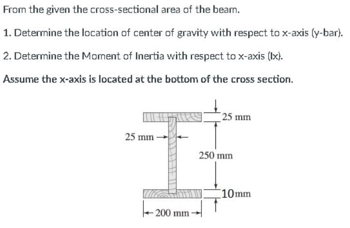 From the given the cross-sectional area of the beam.
1. Determine the location of center of gravity with respect to x-axis (y-bar).
2. Determine the Moment of Inertia with respect to x-axis (Ix).
Assume the x-axis is located at the bottom of the cross section.
25 mm
25 mm
250 mm
10mm
200 mm
