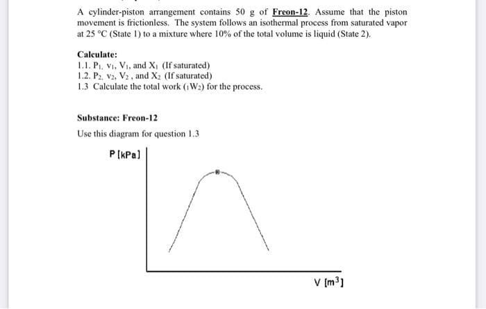 A cylinder-piston arrangement contains 50 g of Freon-12. Assume that the piston
movement is frictionless. The system follows an isothermal process from saturated vapor
at 25 °C (State 1) to a mixture where 10% of the total volume is liquid (State 2).
Calculate:
1.1. PI, Vi, Vi, and XI (If saturated)
1.2. P2, V2, V2 , and X2 (If saturated)
1.3 Calculate the total work (1W2) for the process.
Substance: Freon-12
Use this diagram for question 1.3
P (KPa)
V [m3]
