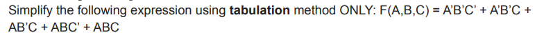 Simplify the following expression using tabulation method ONLY: F(A,B,C) = A'B'C' + A'B'C +
AB'C + ABC' + ABC
%3D

