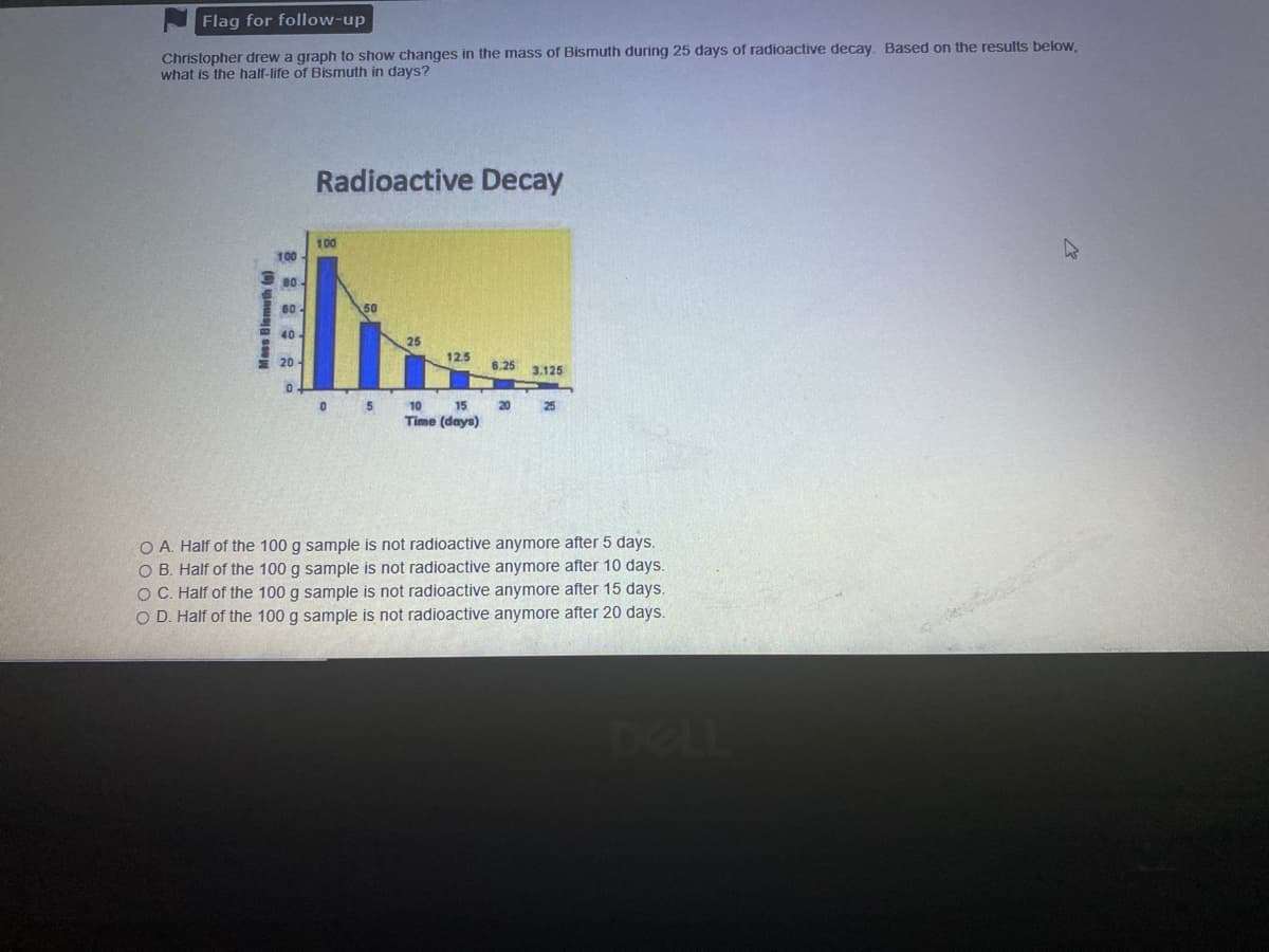 Flag for follow-up
Christopher drew a graph to show changes in the mass of Bismuth during 25 days of radioactive decay. Based on the results below,
what is the half-life of Bismuth in days?
Radioactive Decay
100
100
80
60
40.
12.5
20-
6.25 3.125
10
15
20
25
Time (days)
O A. Half of the 100 g sample is not radioactive anymore after 5 days.
O B. Half of the 100 g sample is not radioactive anymore after 10 days.
O C. Half of the 100 g sample is not radioactive anymore after 15 days.
O D. Half of the 100 g sample is not radioactive anymore after 20 days.
DELL
Mass Blomuth (g)
