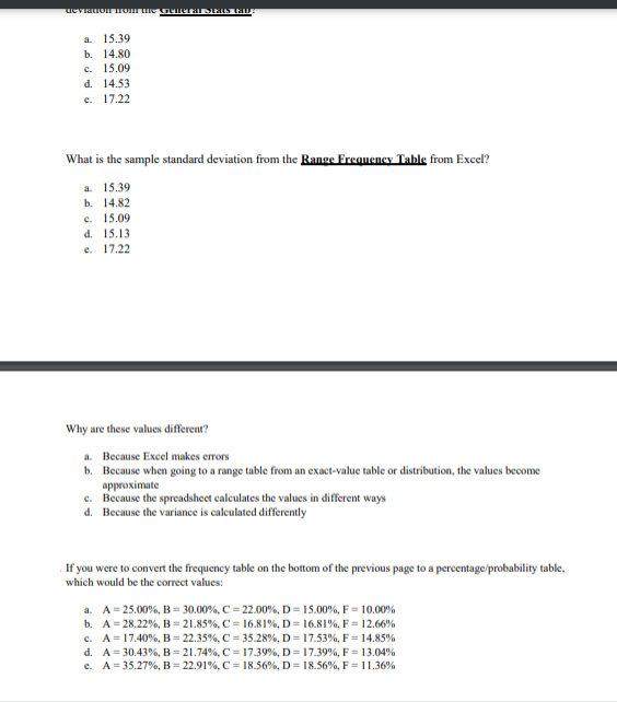 ueviaion Home GenerarStats tau
a. 15.39
b. 14.80
с. 15.09
d. 14.53
e. 17.22
What is the sample standard deviation from the Range Frequency Table from Excel?
a. 15.39
b. 14.82
c. 15.09
d. 15.13
e. 17.22
Why are these values different?
а. Весаиse Excel makes emors
b. Because when going to a range table from an exact-value table or distribution, the values become
approximate
c. Because the spreadsheet calculates the values in different ways
d. Because the variance is calculated differently
If you were to convert the frequency table on the bottom of the previous page to a percentage/probability table,
which would be the correct values:
a. A= 25.00%, B = 30.00%, C = 22.00%, D = 15.00%, F = 10.00%
b. A= 28.22%, B= 21.85%, C = 16.81%, D = 16.81%, F = 12.66%
c. A=17.40%, B= 22.35%, C = 35.28%, D = 17.53%, F = 14.85%
d. A= 30.43%, B = 21.74%, C = 17.39%, D = 17.39%, F = 13.04%
e. A= 35.27%, B = 22.91%, C = 18.56%, D = 18.56%, F = 11.36%
