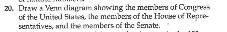 Draw a Venn diagram showing the members of Congress
of the United States, the members of the House of Repre-
sentatives, and the members of the Senate.
