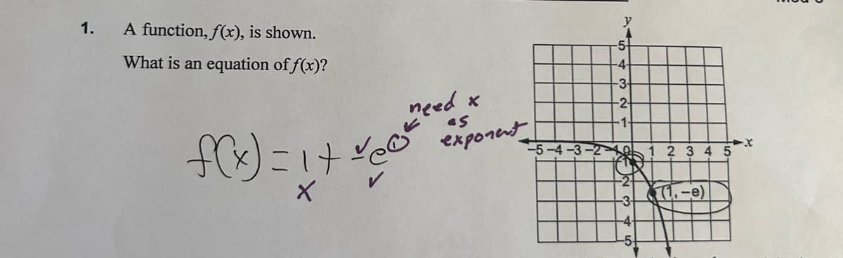 1.
A function, f(x), is shown.
What is an equation of f(x)?
f(x) = 1 +
need
as
exponent
-3-
.ו
-5
-4-
-3-
2
y
1 2 3 4 5
(1.-e)
-x