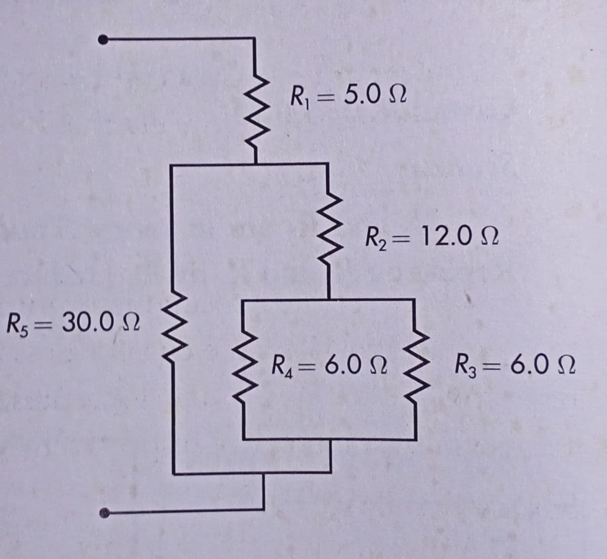 R = 5.0 N
%3D
R2 = 12.0 N
Rs = 30.0 N
%3D
R4= 6.0 N
R3 = 6.0 N
%3D
