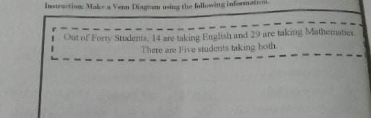 Instruction: Make a Venn Dingran using the following information.
Out of Forty Students, 14 are tuking English and 29 are taking Mathematies
There are Five students taking both.
