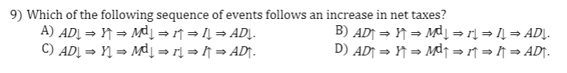 9) Which of the following sequence of events follows an increase in net taxes?
A) ADĮ = Y = Mdį = r↑= I= ADĮ.
C) ADĮ = Y = Mdį = r[ = K = AD↑.
B) AD↑ = Y↑ = Mdį= rl = IĮ = ADĮ.
D) AD = Y =→ Md↑ = ↑= → AD↑.

