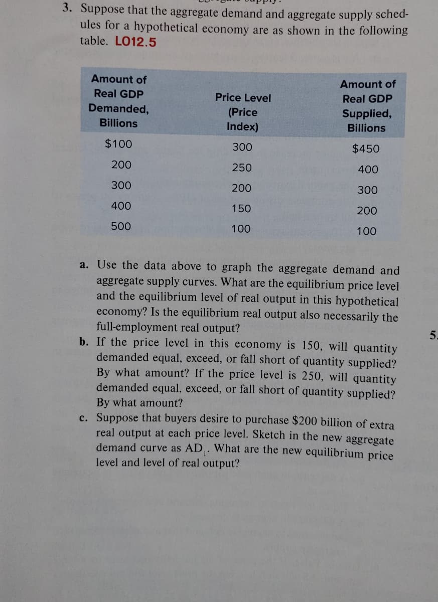 3. Suppose that the aggregate demand and aggregate supply sched-
ules for a hypothetical economy are as shown in the following
table. LO12.5
Amount of
Amount of
Real GDP
Price Level
Real GDP
Demanded,
(Price
Index)
Supplied,
Billions
Billions
$100
300
$450
200
250
400
300
200
300
400
150
200
500
100
100
a. Use the data above to graph the aggregate demand and
aggregate supply curves. What are the equilibrium price level
and the equilibrium level of real output in this hypothetical
economy? Is the equilibrium real output also necessarily the
full-employment real output?
b. If the price level in this economy is 150, will quantity
demanded equal, exceed, or fall short of quantity supplied?
By what amount? If the price level is 250, will quantity
demanded equal, exceed, or fall short of quantity supplied?
5.
By what amount?
c. Suppose that buyers desire to purchase $200 billion of extra
real output at each price level. Sketch in the new aggregate
demand curve as AD,. What are the new equilibrium price
level and level of real output?
