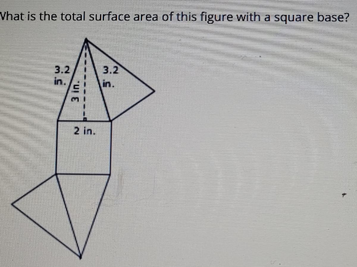 Vhat is the total surface area of this figure with a square base?
3.2
3.2
in.
in.
2 in.
