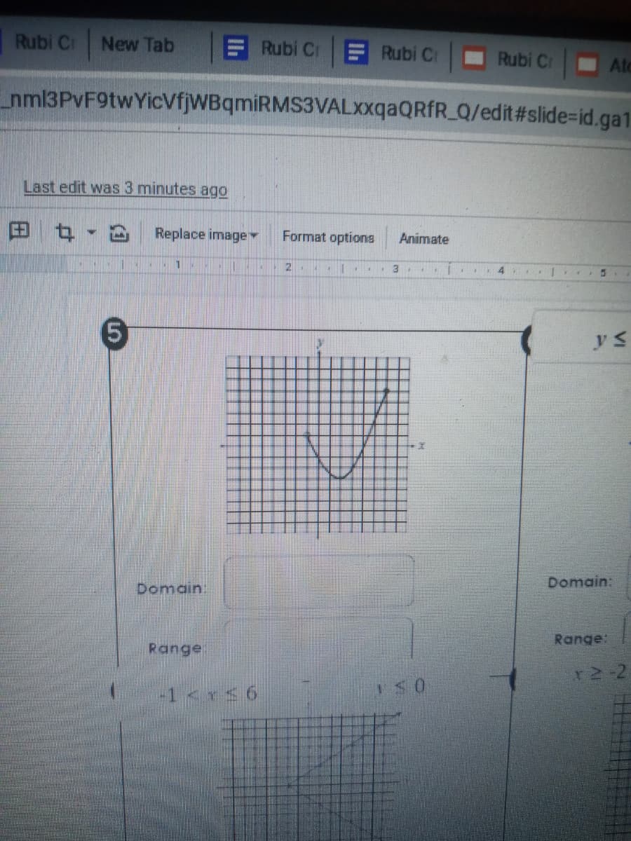Rubi Cr
New Tab
Rubi Cr
E Rubi Cr
Rubi Cr
Atc
nml3PvF9twYicVfjWBqmiRMS3VALxxqaQRfR_Q/edit #slide=id.ga1
Last edit was 3 minutes ago
Replace image
Format options
Animate
4 1 . 3.
Domain:
Domain:
Range:
Range:
r2 2
VI
