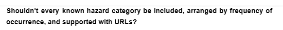 Shouldn't every known hazard category be included, arranged by frequency of
occurrence, and supported with URLs?