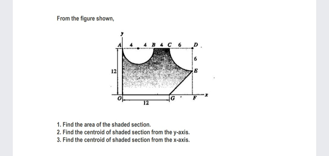 From the figure shown,
4 B 4 C 6
D
6
12
F
12
1. Find the area of the shaded section.
2. Find the centroid of shaded section from the y-axis.
3. Find the centroid of shaded section from the x-axis.
