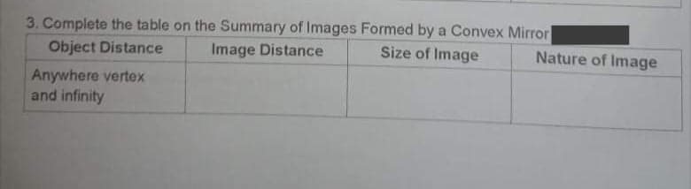 3. Complete the table on the Summary of Images Formed by a Convex Mirror
Image Distance
Object Distance
Size of Image
Nature of Image
Anywhere vertex
and infinity
