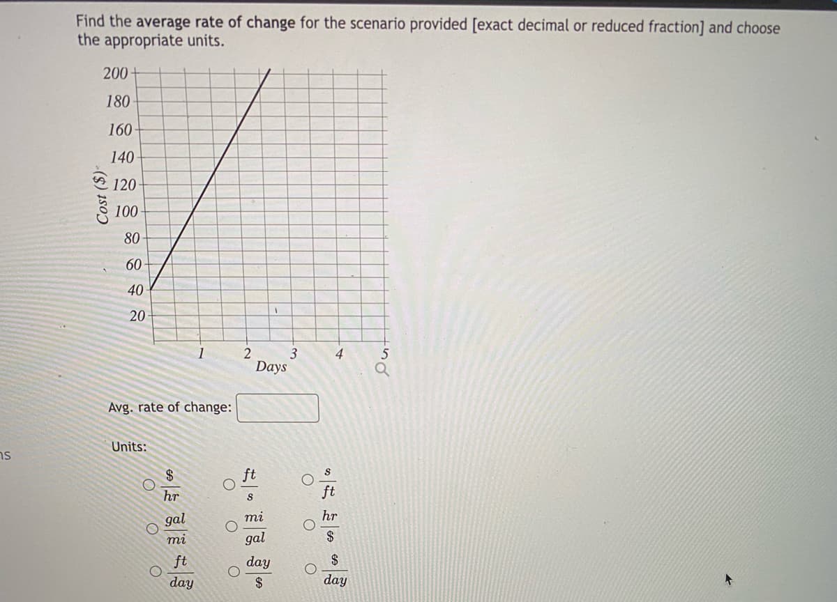 ns
Find the average rate of change for the scenario provided [exact decimal or reduced fraction] and choose
the appropriate units.
200-
180
160
Cost ($)
140-
120-
100
80
60
40
20-
Avg. rate of change:
Units:
(
O
O
$
hr
gal
mi
ft
day
O
O
O
2
Days
ft
S
mi
gal
day
$
3
O
20 / 2100
O
4
day
5
+