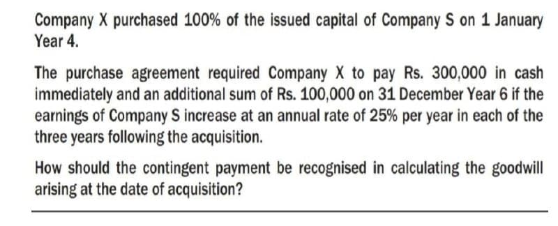 Company X purchased 100% of the issued capital of Company S on 1 January
Year 4.
The purchase agreement required Company X to pay Rs. 300,000 in cash
immediately and an additional sum of Rs. 100,000 on 31 December Year 6 if the
earnings of Company S increase at an annual rate of 25% per year in each of the
three years following the acquisition.
How should the contingent payment be recognised in calculating the goodwill
arising at the date of acquisition?
