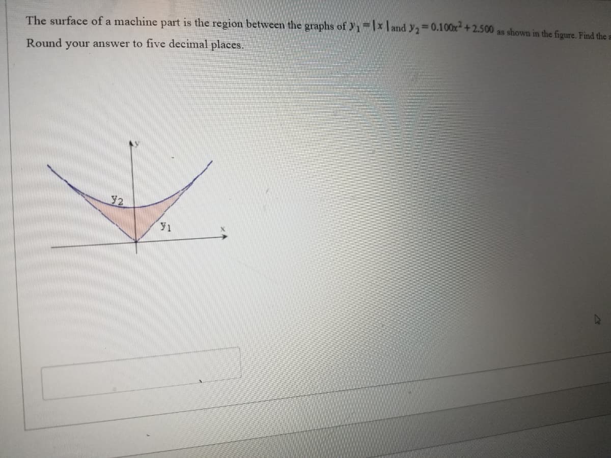 The surface of a machine part is the region between the graphs of y₁=1x and y₂ = 0.100x² +2.500 as shown in the figure. Find the
Round your answer to five decimal places.
32
$1