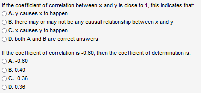 If the coefficient of correlation between x and y is close to 1, this indicates that:
OA. y causes x to happen
OB. there may or may not be any causal relationship between x and y
OC. x causes y to happen
OD. both A and B are correct answers
If the coefficient of correlation is -0.60, then the coefficient of determination is:
OA. -0.60
OB. 0.40
OC. -0.36
OD. 0.36