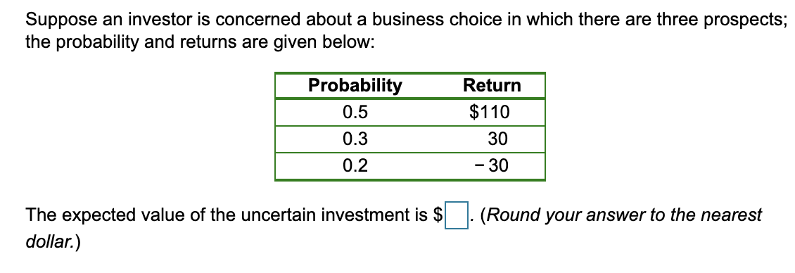 Suppose an investor is concerned about a business choice in which there are three prospects;
the probability and returns are given below:
Probability
0.5
0.3
0.2
The expected value of the uncertain investment is $
dollar.)
Return
$110
30
- 30
(Round your answer to the nearest