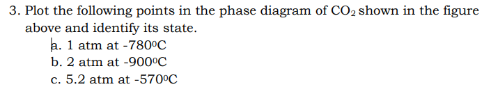 3. Plot the following points in the phase diagram of CO2 shown in the figure
above and identify its state.
a. 1 atm at -780°C
b. 2 atm at -900°C
c. 5.2 atm at -570°C
