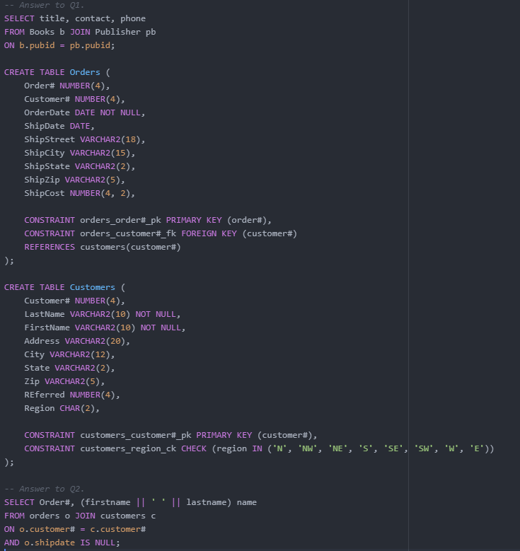 -- Answer to Q1.
SELECT title, contact, phone
FROM Books b JOIN Publisher pb
ON b.pubid = pb.pubid;
CREATE TABLE Orders (
Order# NUMBER (4),
Customer# NUMBER (4),
OrderDate DATE NOT NULL,
ShipDate DATE,
ShipStreet VARCHAR2(18),
ShipCity VARCHAR2(15),
ShipState VARCHAR2 (2),
ShipZip VARCHAR2(5),
ShipCost NUMBER(4, 2),
CONSTRAINT orders_order#_pk PRIMARY KEY (order#),
CONSTRAINT orders_customer#_fk FOREIGN KEY (customer#)
REFERENCES customers (customer#)
);
CREATE TABLE Customers (
Customer# NUMBER (4),
LastName VARCHAR2 (10) NOT NULL,
FirstName VARCHAR2 (10) NOT NULL,
Address VARCHAR2 (20),
City VARCHAR2 (12),
State VARCHAR2 (2),
Zip VARCHAR2(5),
REferred NUMBER(4),
Region CHAR (2),
CONSTRAINT Customers_customer#_pk PRIMARY KEY (customer#),
CONSTRAINT customers_region_ck CHECK (region IN ('N', 'NW', 'NE', 'S', 'SE', 'SW', 'W', 'E'))
);
Answer to Q2.
|| lastname) name
SELECT Order#, (firstname ||
FROM orders o JOIN customers c
ON o.customer# = c.customer#
AND o.shipdate IS NULL;

