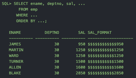 SQL> SELECT ename, deptno, sal, .
FROM emp
WHERE
ORDER BY ...;
ENAME
DEPTNO
SAL SAL_FORMAT
JAMES
30
950 $$$$$$$$$$$$950
MARTIN
30
1250 $$$$$$$$$$$1250
WARD
30
1250 $$$$$$$$$$$1250
TURNER
30
1500 $$$$$$$$$$$1500
ALLEN
30
1600 $$$$$$$$$$$1600
BLAKE
30
2850 $$$$$$$$$$$2850
