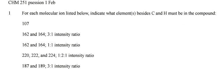 CHM 251 psession 1 Feb
1
For each molecular ion listed below, indicate what element(s) besides C and H must be in the compound:
107
162 and 164; 3:1 intensity ratio
162 and 164; 1:1 intensity ratio
220, 222, and 224; 1:2:1 intensity ratio
187 and 189; 3:1 intensity ratio
