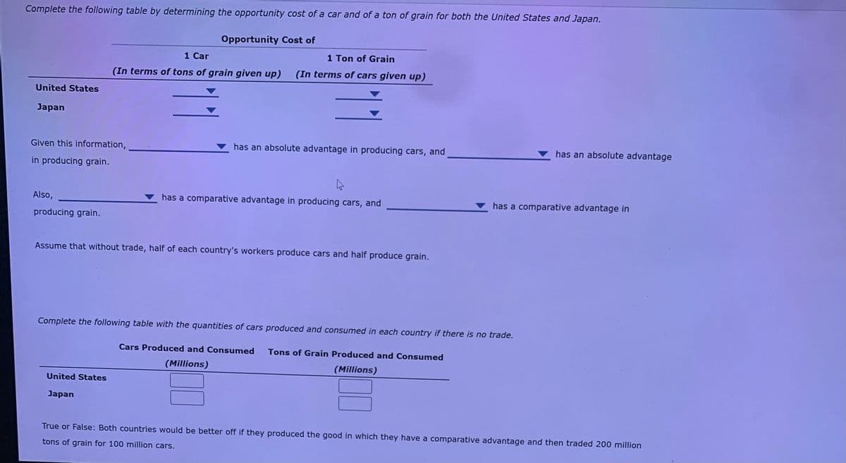 Complete the following table by determining the opportunity cost of a car and of a ton of grain for both the United States and Japan.
Opportunity Cost of
1 Car
1 Ton of Grain
(In terms of tons of grain given up)
(In terms of cars given up)
United States
Japan
Given this information,
has an absolute advantage in producing cars, and
has an absolute advantage
in producing grain.
Also,
has a comparative advantage in producing cars, and
has a comparative advantage in
producing grain.
Assume that without trade, half of each country's workers produce cars and half produce grain.
Complete the following table with the quantities of cars produced and consumed in each country if there is no trade.
Cars Produced and Consumed
Tons of Grain Produced and Consumed
(Millions)
(Millions)
United States
Japan
True or False: Both countries would be better off if they produced the good in which they have a comparative advantage and then traded 200 million
tons of grain for 100 million cars.
