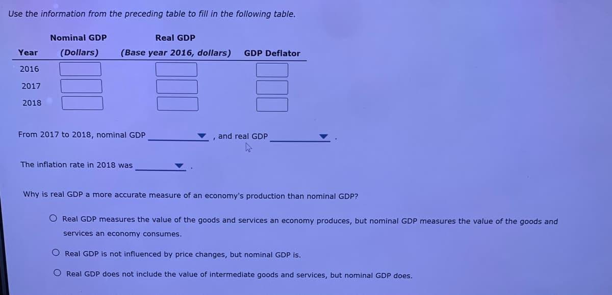 Use the information from the preceding table to fill in the following table.
Nominal GDP
Real GDP
Year
(Dollars)
(Base year 2016, dollars)
GDP Deflator
2016
2017
2018
From 2017 to 2018, nominal GDP
and real GDP
The inflation rate in 2018 was
Why is real GDP a more accurate measure of an economy's production than nominal GDP?
O Real GDP measures the value of the goods and services an economy produces, but nominal GDP measures the value of the goods and
services an economy consumes.
O Real GDP is not influenced by price changes, but nominal GDP is.
O Real GDP does not include the value of intermediate goods and services, but nominal GDP does.
