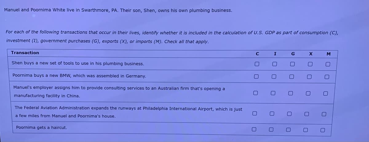 Manuel and Poornima White live in Swarthmore, PA. Their son, Shen, owns his own plumbing business.
For each of the following transactions that occur in their lives, identify whether it is included in the calculation of U.S. GDP as part of consumption (C),
investment (I), government purchases (G), exports (X), or imports (M). Check all that apply.
Transaction
C
G
M
Shen buys a new set of tools to use in his plumbing business.
Poornima buys a new BMW, which was assembled in Germany.
Manuel's employer assigns him to provide consulting services to an Australian firm that's opening a
manufacturing facility in China.
The Federal Aviation Administration expands the runways at Philadelphia International Airport, which is just
a few miles from Manuel and Poornima's house.
Poornima gets a haircut.
