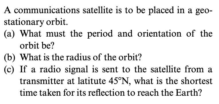 A communications satellite is to be placed in a geo-
stationary orbit.
(a) What must the period and orientation of the
orbit be?
(b) What is the radius of the orbit?
(c) If a radio signal is sent to the satellite from a
transmitter at latitute 45°N, what is the shortest
time taken for its reflection to reach the Earth?
