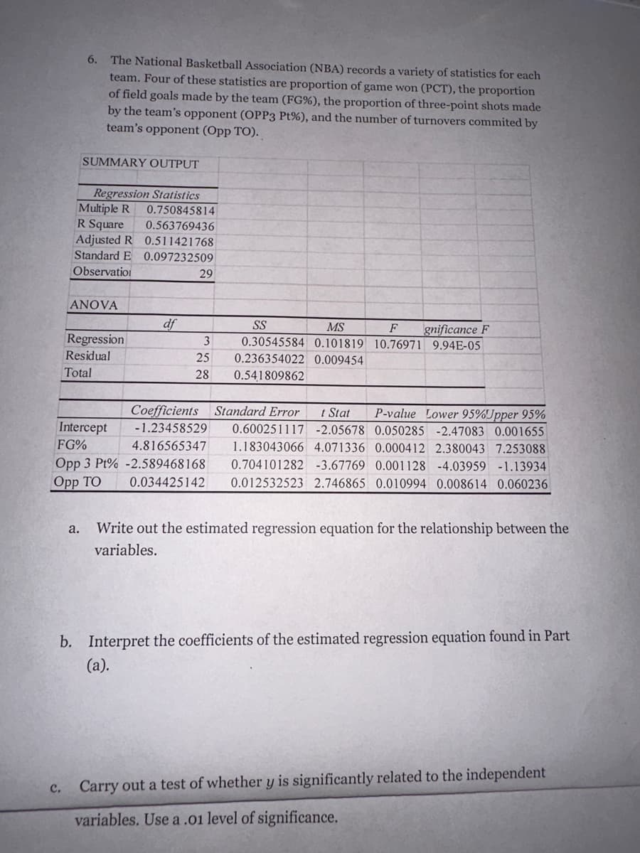 6. The National Basketball Association (NBA) records a variety of statistics for each
team. Four of these statistics are proportion of game won (PCT), the proportion
of field goals made by the team (FG%), the proportion of three-point shots made
by the team's opponent (OPP3 Pt%), and the number of turnovers commited by
team's opponent (Opp TO).
SUMMARY OUTPUT
C.
Regression Statistics
Multiple R 0.750845814
R Square
0.563769436
Adjusted R 0.511421768
Standard E 0.097232509
Observation
ANOVA
Regression
Residual
Total
Intercept
FG%
Opp 3 Pt%
Opp TO
df
29
3
25
28
SS
MS
F gnificance F
0.30545584 0.101819 10.76971 9.94E-05
0.236354022 0.009454
0.541809862
Coefficients Standard Error t Stat
-1.23458529
4.816565347
-2.589468168
0.034425142
P-value Lower 95%Jpper 95%
0.600251117 -2.05678 0.050285 -2.47083 0.001655
1.183043066 4.071336 0.000412 2.380043 7.253088
0.704101282 -3.67769 0.001128 -4.03959 -1.13934
0.012532523 2.746865 0.010994 0.008614 0.060236
a. Write out the estimated regression equation for the relationship between the
variables.
b. Interpret the coefficients of the estimated regression equation found in Part
(a).
Carry out a test of whether y is significantly related to the independent
variables. Use a .01 level of significance.