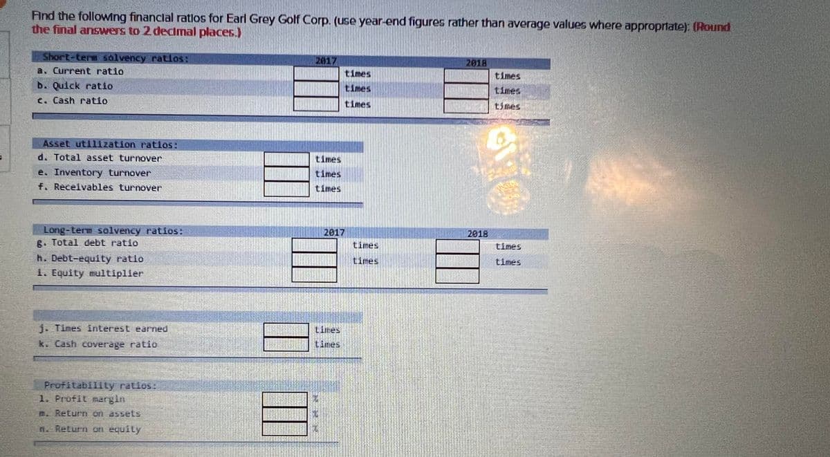 3
And the following financial ratlos for Earl Grey Golf Corp. (use year-end figures rather than average values where appropriate): (Round
the final answers to 2 decimal places.)
Short-term solvency ratios:
a. Current ratio
b. Quick ratio
c. Cash ratio
Asset utilization ratios:
d. Total asset turnover
e. Inventory turnover
f. Receivables turnover
Long-term solvency ratios:
g. Total debt ratio
h. Debt-equity ratio
1. Equity multiplier
j. Times interest earned
k. Cash coverage ratio
Profitability ratios:
1. Profit margin
m. Return on assets
n. Return on equity
2017
times
times
times
Lines
31
2017
e
times
times
times
times
times
2018
2018
times
times
times