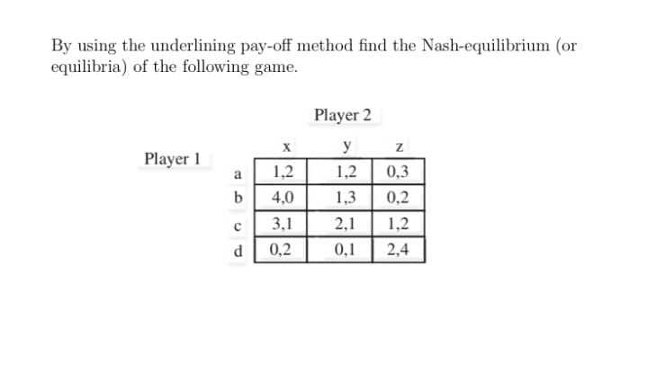 By using the underlining pay-off method find the Nash-equilibrium (or
equilibria) of the following game.
Player 2
y
Player 1
a
1,2
1,2
0,3
b
4,0
1,3
0,2
3,1
2,1
1,2
d
0,2
0,1
2,4
