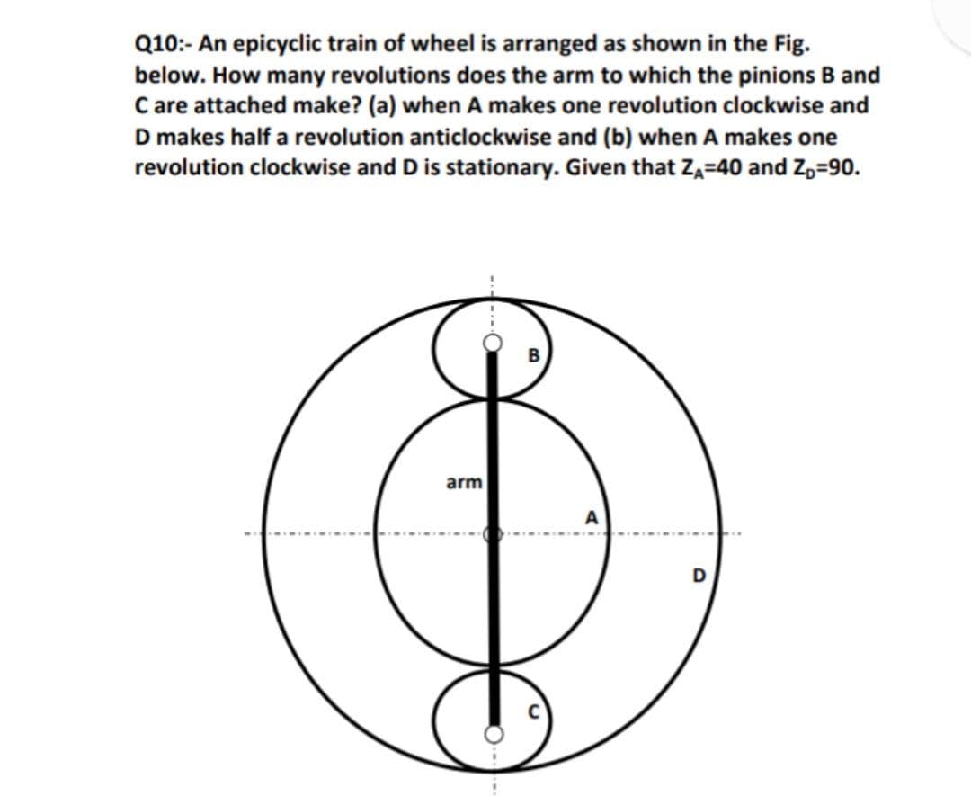 Q10:- An epicyclic train of wheel is arranged as shown in the Fig.
below. How many revolutions does the arm to which the pinions B and
Care attached make? (a) when A makes one revolution clockwise and
D makes half a revolution anticlockwise and (b) when A makes one
revolution clockwise and D is stationary. Given that ZĄ=40 and Z,=90.
arm
A
D
