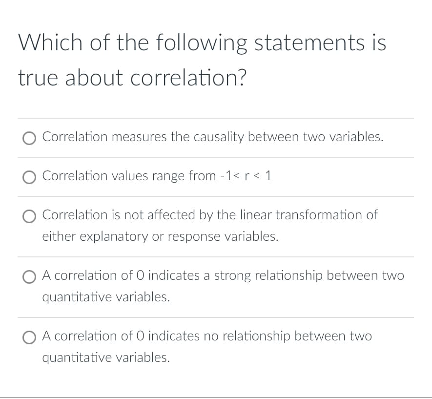 Which of the following statements is
true about correlation?
Correlation measures the causality between two variables.
Correlation values range from - 1< r < 1
Correlation is not affected by the linear transformation of
either explanatory or response variables.
O A correlation of 0 indicates a strong relationship between two
quantitative variables.
A correlation of O indicates no relationship between two
quantitative variables.