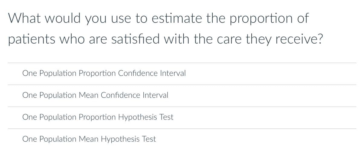 What would you use to estimate the proportion of
patients who are satisfied with the care they receive?
One Population Proportion Confidence Interval
One Population Mean Confidence Interval
One Population Proportion Hypothesis Test
One Population Mean Hypothesis Test